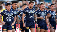 SYDNEY, AUSTRALIA - APRIL 21: Cowboys playersreact during the round seven NRL match between Cronulla Sharks and North Queensland Cowboys at PointsBet Stadium, on April 21, 2024, in Sydney, Australia. (Photo by Brendon Thorne/Getty Images)