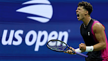 Ben Shelton of the United States celebrates a point against Frances Tiafoe of the United States during their Men's Singles Quarterfinal match on Day Nine of the 2023 US Open at the USTA Billie Jean King National Tennis Center on September 05, 2023 in the Flushing neighborhood of the Queens borough of New York City. (Photo by Elsa/Getty Images)