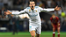 Gareth Bale of Real Madrid celebrates scoring in the 2018 Champions League final.