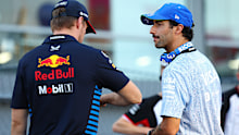 Max Verstappen of the Netherlands and Red Bull Racing-Honda RBPT and Daniel Ricciardo of Australia and Visa Cash App RB F1 Team appear during the drivers' parade ahead of the F1 Grand Prix of Singapore at Marina Bay Street Circuit in Singapore, Singapore, on September 22, 2024. (Photo by Morgan Hancock/NurPhoto)