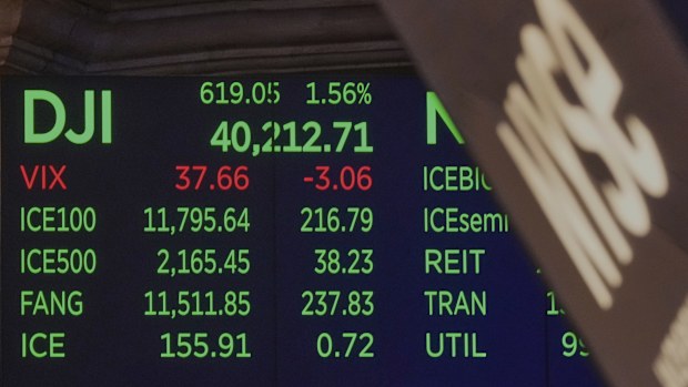 A board above the trading floor of the New York Stock Exchange shows the closing number for the Dow Jones industrial average, Friday, April 11, 2025. (AP Photo/Richard Drew)
