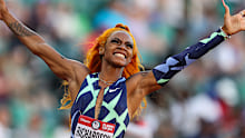 EUGENE, OREGON - JUNE 19: Sha'Carri Richardson celebrates winning the Women's 100 Meter final on day 2 of the 2020 U.S. Olympic Track & Field Team Trials at Hayward Field on June 19, 2021 in Eugene, Oregon. (Photo by Patrick Smith/Getty Images)