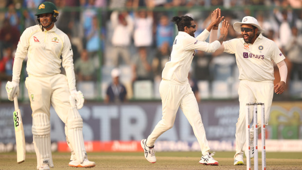 Ravindra Jadeja of India celebrates taking the wicket of Usman Khawaja of Australia during day two of the Second Test match in the series between India and Australia at Arun Jaitley Stadium on February 18, 2023 in Delhi, India. (Photo by Robert Cianflone/Getty Images)