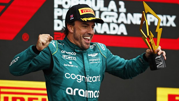 Second placed Fernando Alonso of Spain and Aston Martin F1 Team celebrates on the podium during the F1 Grand Prix of Canada at Circuit Gilles Villeneuve on June 18, 2023 in Montreal, Quebec. (Photo by Jared C. Tilton/Getty Images)