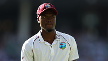 Alzarri Joseph of West Indies looks on during day three of the Second Test Match in the series between Australia and the West Indies at Adelaide Oval on December 10, 2022 in Adelaide, Australia. (Photo by Matt King/Getty Images)