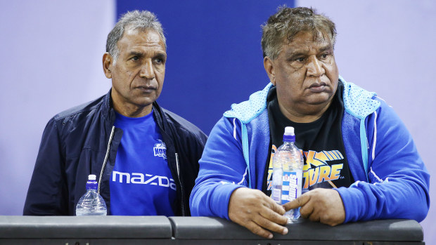 MELBOURNE, AUSTRALIA - MAY 25: Kangaroos legends Jim and Phil Krakouer are seen during the round 10 AFL match between the Western Bulldogs and the North Melbourne Kangaroos at Marvel Stadium on May 25, 2019 in Melbourne, Australia. (Photo by Michael Dodge/Getty Images)