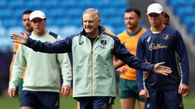 Wallabies coach Joe Schmidt talks to players at Allianz Stadium.