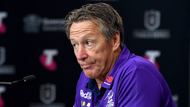 BRISBANE, AUSTRALIA - SEPTEMBER 25: Coach Craig Bellamy of the Storm speaks during a press conference after the NRL Grand Final Qualifier match between the Melbourne Storm and the Penrith Panthers at Suncorp Stadium on September 25, 2021 in Brisbane, Australia. (Photo by Bradley Kanaris/Getty Images)