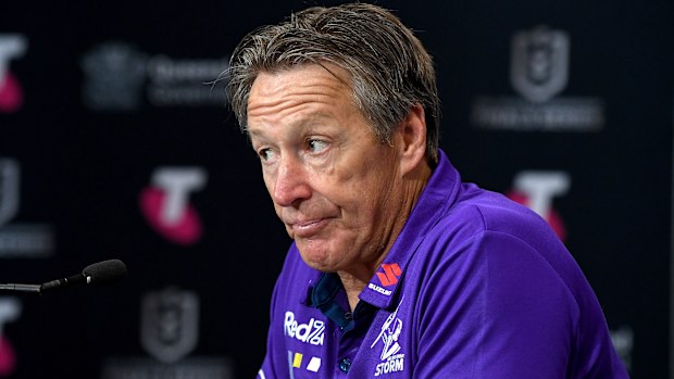 BRISBANE, AUSTRALIA - SEPTEMBER 25: Coach Craig Bellamy of the Storm speaks during a press conference after the NRL Grand Final Qualifier match between the Melbourne Storm and the Penrith Panthers at Suncorp Stadium on September 25, 2021 in Brisbane, Australia. (Photo by Bradley Kanaris/Getty Images)
