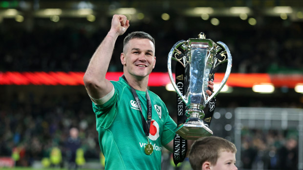 Johnny Sexton, the Ireland captain, holds the Six Nations trophy. (Photo by David Rogers/Getty Images)