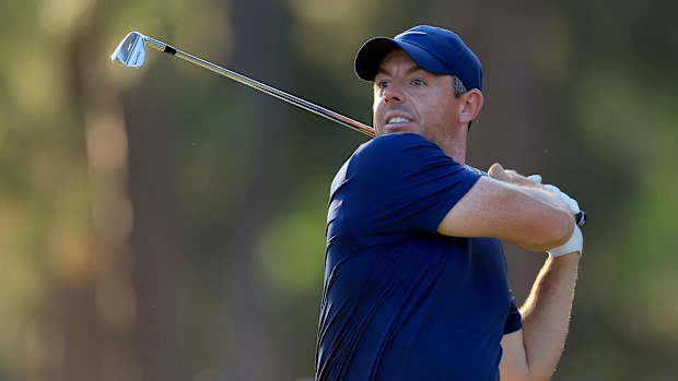 Rory McIlroy of Northern Ireland plays his tee shot on the 17th hole during the third round of the 2024 U.S. Open on the No.2 Course at The Pinehurst Resort on June 15, 2024 in Pinehurst, North Carolina. (Photo by David Cannon/Getty Images)