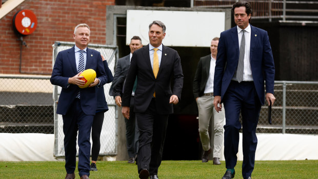 HOBART, AUSTRALIA - MAY 03: (L-R) Tasmanian Premier Jeremy Rockliff, Acting PM Richard Marles and Gillon McLachlan, Chief Executive Officer of the AFL are seen during the AFL Tasmanian Team Announcement at North Hobart Oval on May 03, 2023 in Hobart, Australia. (Photo by Michael Willson/AFL Photos)