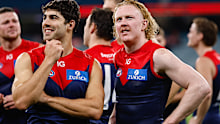 MELBOURNE, AUSTRALIA - APRIL 29: Clayton Oliver and Christian Petracca of the Demons are seen during the 2023 AFL Round 07 match between the Melbourne Demons and the North Melbourne Kangaroos at the Melbourne Cricket Ground on April 29, 2023 in Melbourne, Australia. (Photo by Dylan Burns/AFL Photos)
