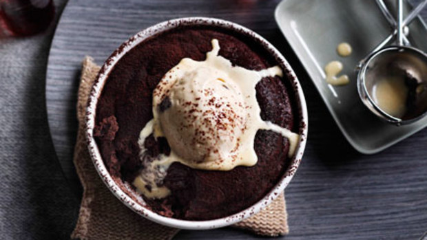 Saucy chocolate puddings with muscatel ice-cream
