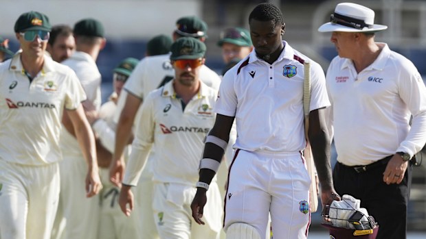 West Indies' Jayden Seales walks off the field after his side's loss against Australia.