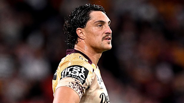 BRISBANE, AUSTRALIA - AUGUST 16: Kotoni Staggs of the Broncos is seen during the round 24 NRL match between Brisbane Broncos and Dolphins at Suncorp Stadium, on August 16, 2025, in Brisbane, Australia. (Photo by Bradley Kanaris/Getty Images)