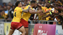 Nene Macdonald celebrates scoring for PNG.