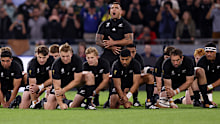 Codie Taylor of New Zealand leads the Haka during the Rugby World Cup 2023 match between the All Blacks and Uruguay at Parc Olympique on October 05, 2023 in Lyon, France. 