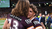 Patrick Carrigan and Reece Walsh celebrate the Broncos' preliminary final win over the Warriors.