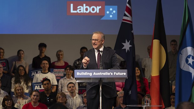 Prime Minister Anthony Albanese at Labor's Building Australia's Future campaign rally at the State Library of Queensland