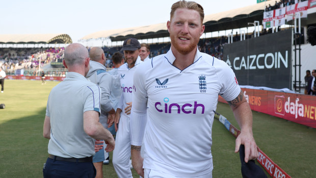 England captain Ben Stokes celebrates after winning the second Test match between Pakistan and England at Multan Cricket Stadium. (Photo by Matthew Lewis/Getty Images)