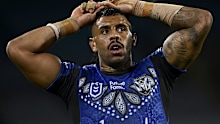 Josh Addo-Carr in action for the Bulldogs against the Dragons in round 12.