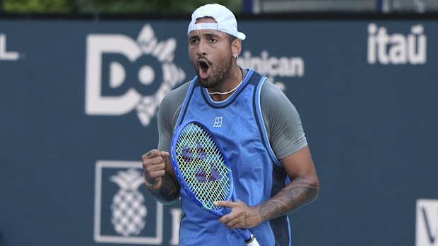 Nick Kyrgios reacts against Mackenzie McDonald at the Miami Open.