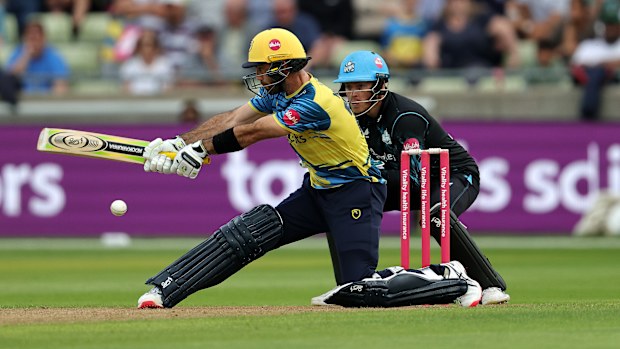 Glenn Maxwell of Birmingham Bears plays the ball to the boundary during the Vitality Blast T20 match between Birmingham Bears and Worcestershire Rapids at Edgbaston on June 23, 2023 in Birmingham, England. (Photo by David Rogers/Getty Images)