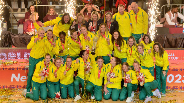 Australia celebrates winning during the Netball World Cup Medal Presentation at Cape Town International Convention Centre, Court 1 on August 06, 2023 in Cape Town, South Africa. (Photo by Grant Pitcher/Gallo Images/Netball World Cup 2023)
