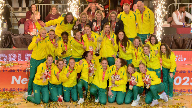 Australia celebrates winning during the Netball World Cup Medal Presentation at Cape Town International Convention Centre, Court 1 on August 06, 2023 in Cape Town, South Africa. (Photo by Grant Pitcher/Gallo Images/Netball World Cup 2023)