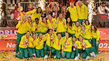 Australia celebrates winning during the Netball World Cup Medal Presentation at Cape Town International Convention Centre, Court 1 on August 06, 2023 in Cape Town, South Africa. (Photo by Grant Pitcher/Gallo Images/Netball World Cup 2023)