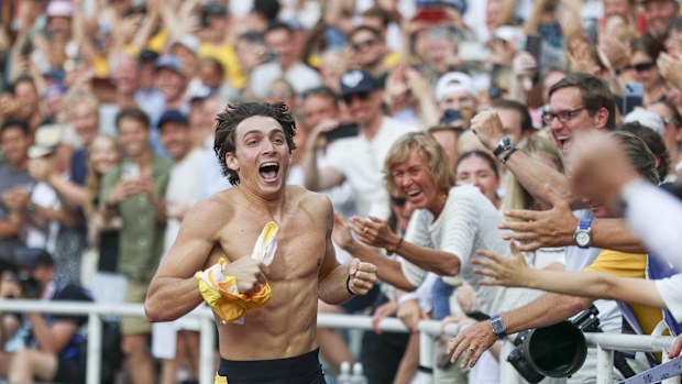 Armand Duplantis celebrates setting a world record for the 12th time in his phenomenal career.