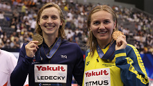Gold medallist Katie Ledecky of Team United States and bronze medallist Ariarne Titmus of Team Australia pose during the medal ceremony of the Women's 800m Freestyle Final on day seven of the Fukuoka 2023 World Aquatics Championships at Marine Messe Fukuoka Hall A on July 29, 2023 in Fukuoka, Japan. (Photo by Sarah Stier/Getty Images)