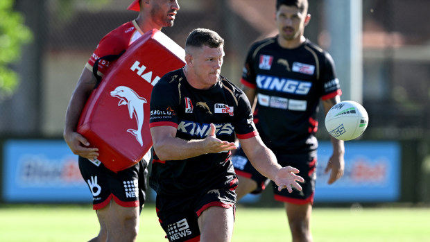 Tom Gilbert passes the ball during a Dolphins NRL training session at Kayo Stadium on February 03, 2023 in Brisbane, Australia. (Photo by Bradley Kanaris/Getty Images)