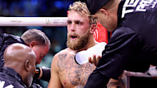 RIYADH, SAUDI ARABIA - FEBRUARY 26: Jake Paul looks on between rounds during the Cruiserweight Title fight between Jake Paul and Tommy Fury at the Diriyah Arena on February 26, 2023 in Riyadh, Saudi Arabia. (Photo by Francois Nel/Getty Images)