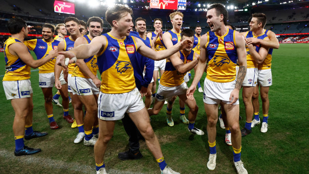Alex Witherden of the Eagles directs Zane Trew of the Eagles to lead the team off the field during the 2023 AFL Round 23 match between the Western Bulldogs and the West Coast Eagles at Marvel Stadium on August 20, 2023 in Melbourne, Australia. (Photo by Michael Willson/AFL Photos via Getty Images)