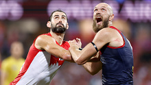 SYDNEY, AUSTRALIA - MARCH 07: Brodie Grundy of the Swans and Max Gawn of the Demons compete for the ball during the 2024 AFL Opening Round match between the Sydney Swans and the Melbourne Demons at the Sydney Cricket Ground on March 07, 2024 in Sydney, Australia. (Photo by Michael Willson/AFL Photos via Getty Images)
