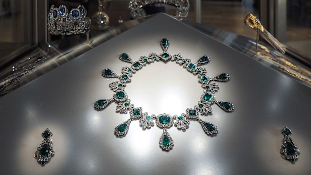 Necklace and earrings from the emerald set of Napoleon's second wife Empress Marie-Louise shown at the Louvre Museum on May 20, 2021.
