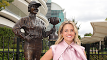 Michelle Payne unveils her statue at Flemington racecourse.