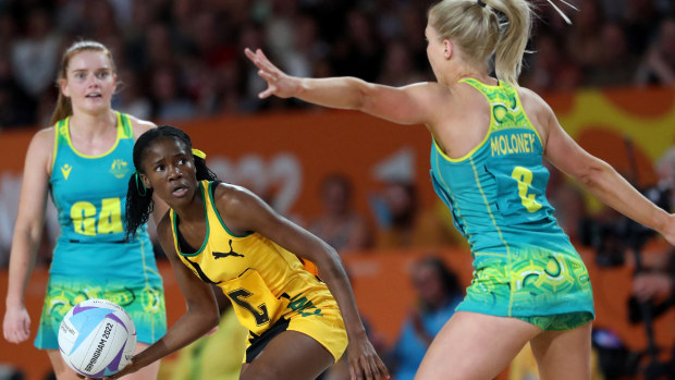 Nicole Dixon-Rochester of Jamaica in action during the Final match between Jamaica and Australia on day ten of the Birmingham 2022 Commonwealth Games at NEC Arena on August 07, 2022 on the Birmingham, England. (Photo by Morgan Harlow/Getty Images)