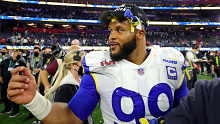 Aaron Donald celebrates his Super Bowl victory in 2022. 