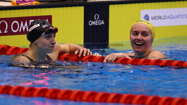FUKUOKA, JAPAN - JULY 23:  Ariarne Titmus of Team Australia (R) reacts after winning gold in the Women's 400m Freestyle Final in a new world record time of WR 3:55.38 on day one of the Fukuoka 2023 World Aquatics Championships at Marine Messe Fukuoka Hall A on July 23, 2023 in Fukuoka, Japan. (Photo by Clive Rose/Getty Images)