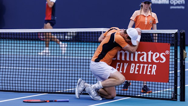 Andy Murray collapses in pain at the Miami Open after rolling his ankle.