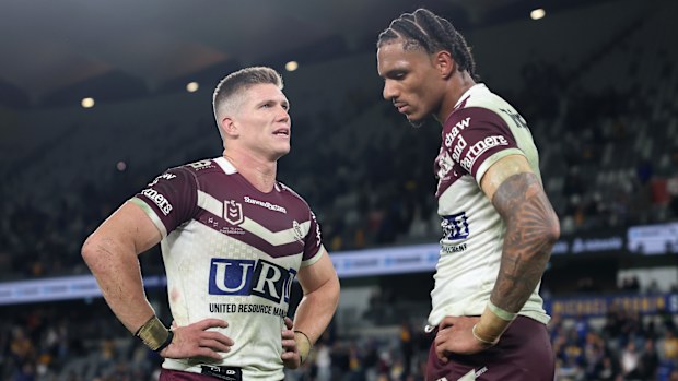 Reuben Garrick and Jason Saab react during Manly's round 12 loss to the Eels.