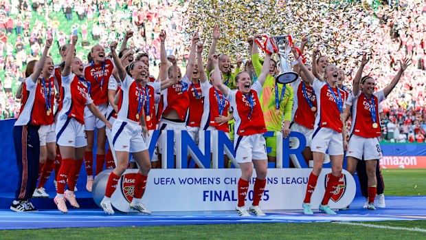 Arsenal celebrate winning the UEFA Women's Champions League final match against FC Barcelona at Estadio Jose Alvalade on May 24, 2025 in Lisbon, Portugal. (Photo by Leiting Gao/BSR Agency/Getty Images)
