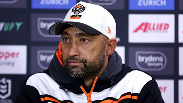 Wests Tigers coach Benji Marshall speaks to the media following the round 17 NRL match between Sydney Roosters and Wests Tigers at Allianz Stadium, on June 30, 2024, in Sydney, Australia. (Photo by Brendon Thorne/Getty Images)
