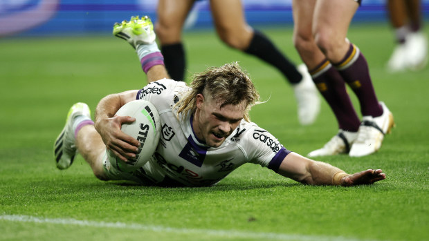 Ryan Papenhuyzen has scored his first try for the Storm since his comeback to the NRL.