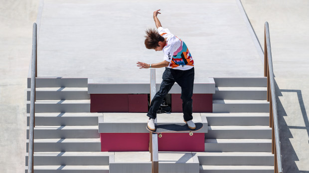 Yuto Horigome of Japan competes in the men's skateboarding street finals at the Tokyo Olympics.