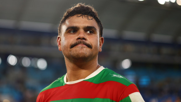 Latrell Mitchell of the Rabbitohs looks on after winning the round 14 NRL match between Gold Coast Titans and South Sydney Rabbitohs at Cbus Super Stadium, on June 08, 2024, in Gold Coast, Australia. (Photo by Chris Hyde/Getty Images)