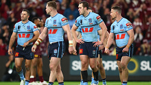 James Tedesco, Hudson Young, Isaah Yeo and Damien Cook during the Blues loss. 